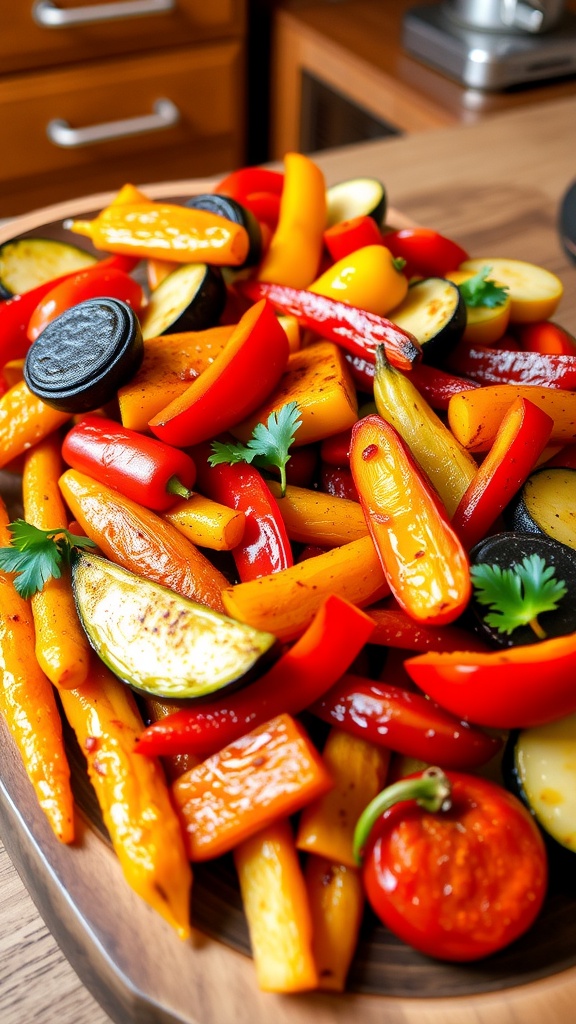 Oven-roasted seasonal vegetables including carrots, bell peppers, and zucchini arranged on a rustic platter, garnished with parsley.